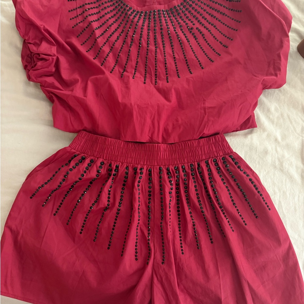 Red Beaded Top and Shorts Set